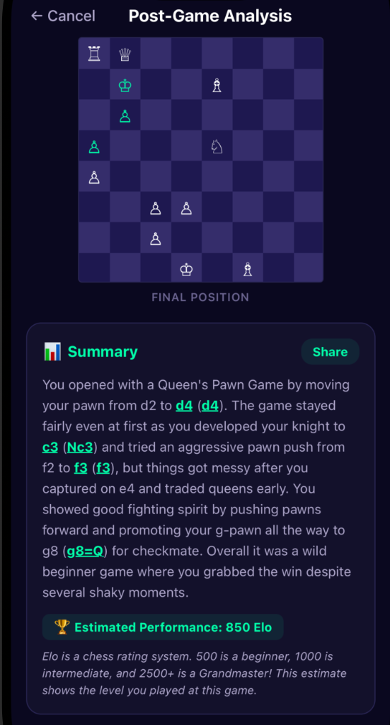 ZenAIya™ Chess Post-Game Analysis Screen